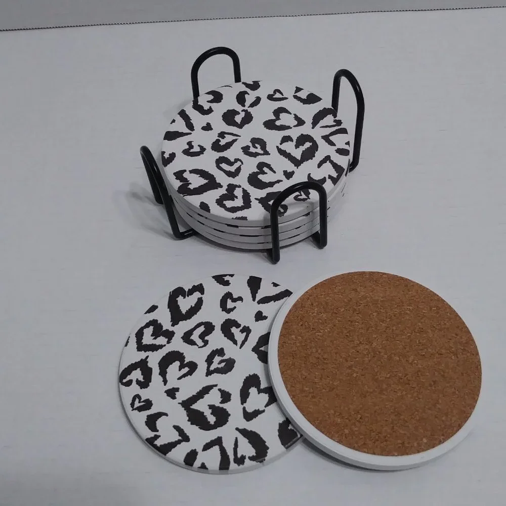 Ceramic Coaster With Cork Base And Holder Set With Hearts 6 Piece